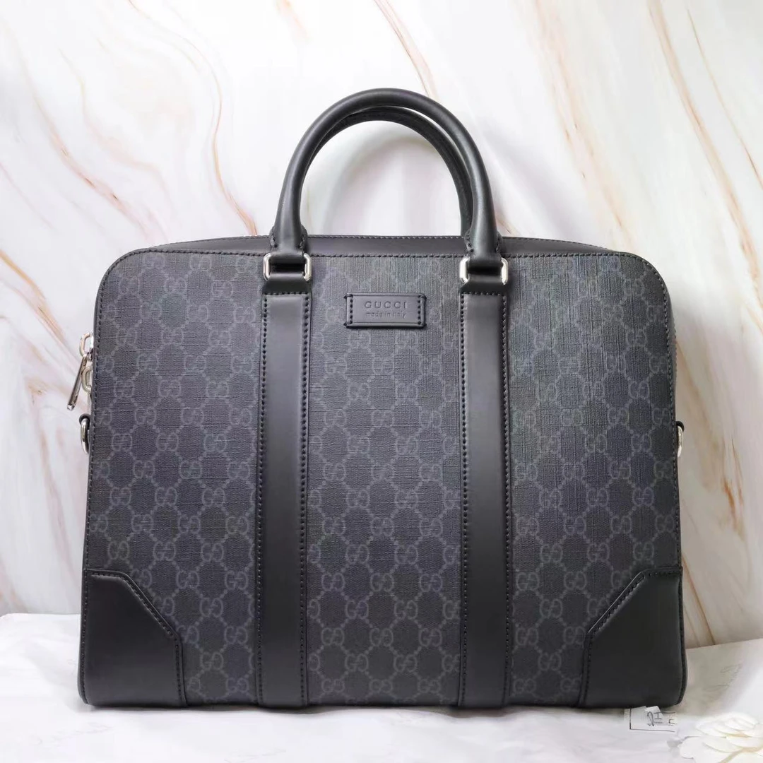 全新未使用 GUCCI/古驰 黑灰老花条纹织带 单肩斜挎公文包 02122