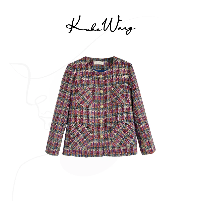 KOKO WANG 热力感 高定彩格粗花呢显瘦名媛小香风上衣外套KS60067