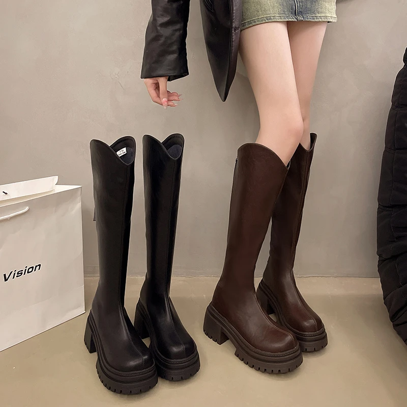 暮秋秋网红英伦风厚底长筒靴女2024年秋冬新款骑士靴显瘦高筒长靴