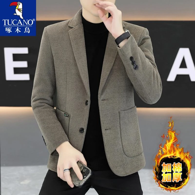 啄木鸟秋冬季呢子西服男士韩版加棉加厚毛呢大衣高端休闲西装外套
