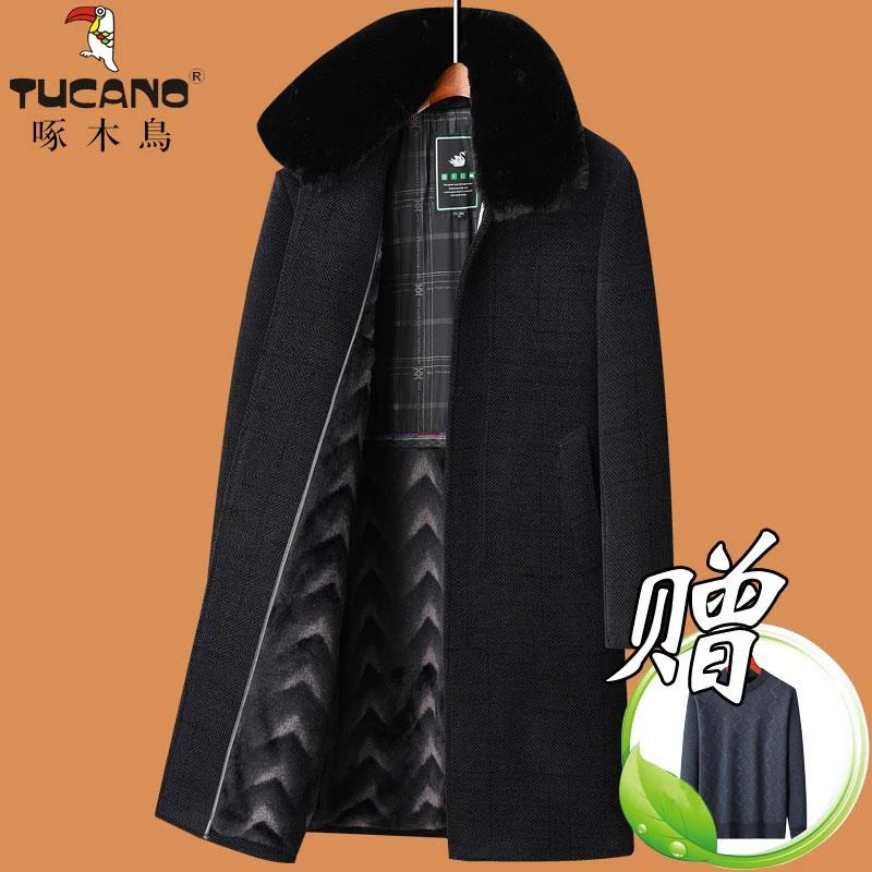 啄木鸟中老年人爸爸冬装外套装男毛呢子大衣爷爷长款过膝加绒加厚