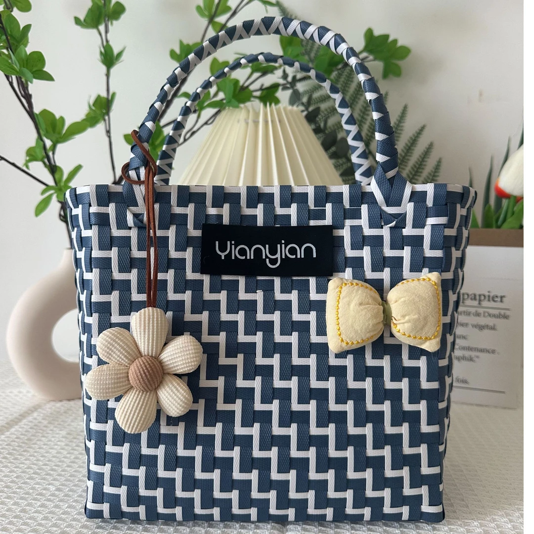 【牛仔很忙】手工编织菜篮子撞色手提包