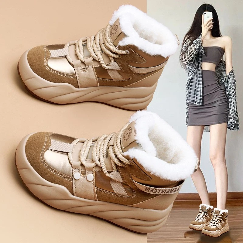 优质2024冬季新款雪地靴女皮毛一体加绒保暖大棉鞋增高老爹鞋女