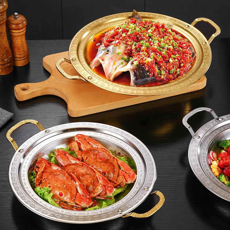 商用双耳干锅加热剁椒鱼头锅鸡盘麻辣香锅海鲜盘小龙虾盘金色锅仔