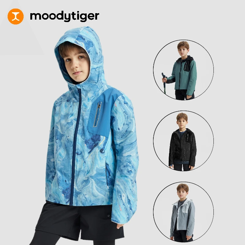 moodytiger儿童外套春秋季防泼水透气连帽户外运动外套梭织风衣