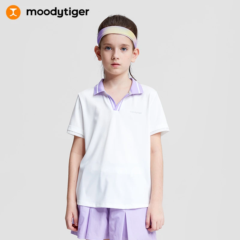 |moodytiger女童夏款V领拼接防晒运动短袖polo翻领上衣