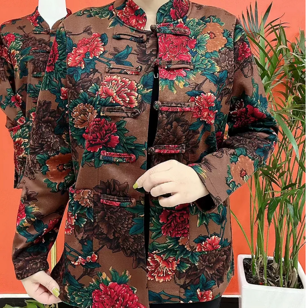 秋冬新款中老年时尚气质复古加绒开衫（花型不固定）