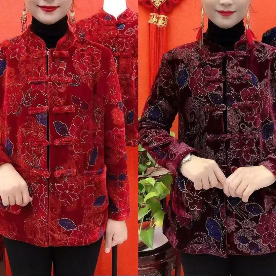 秋冬新款洋气中老年复古时尚加绒打底开衫（花型不固定）