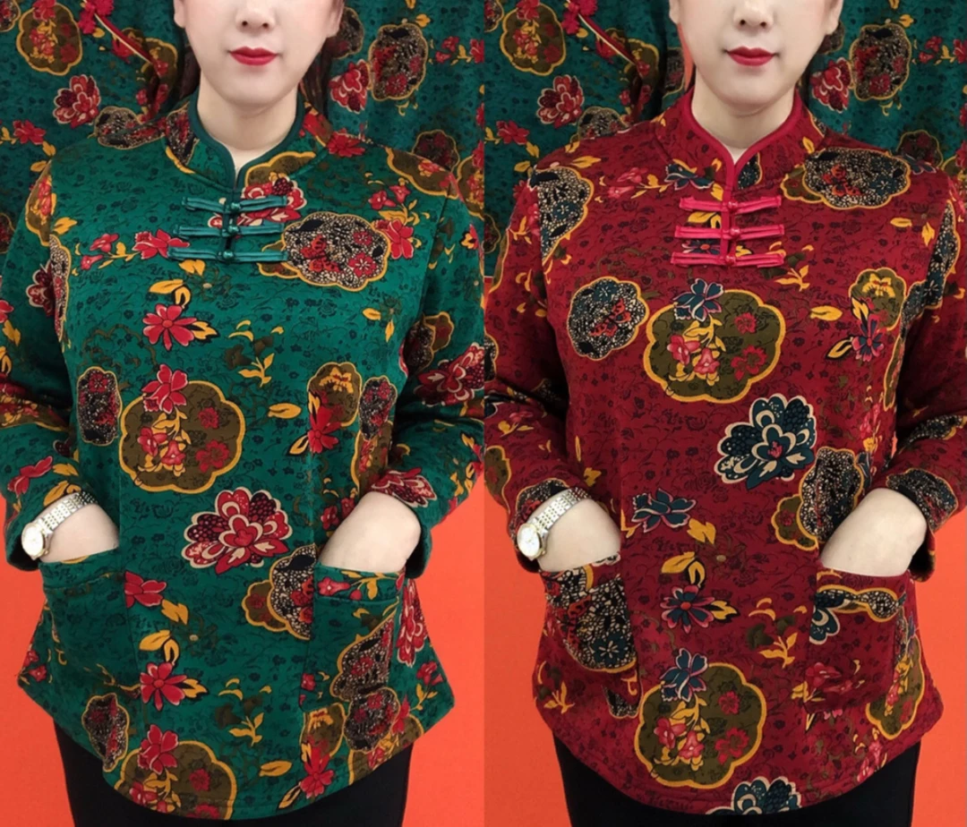 秋冬新款复古国风荷花加绒民族风妈妈秋冬装