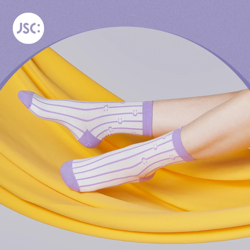 JSC条纹运动中筒袜笑脸撞色时尚简约匹马棉耐磨舒适情侣秋冬健身