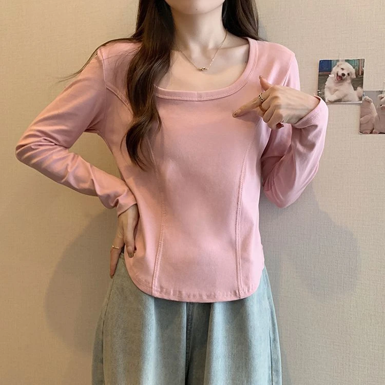 棉大码正肩上衣显瘦长袖T恤女春秋季新款小众内搭打底衫胖mm遮肉