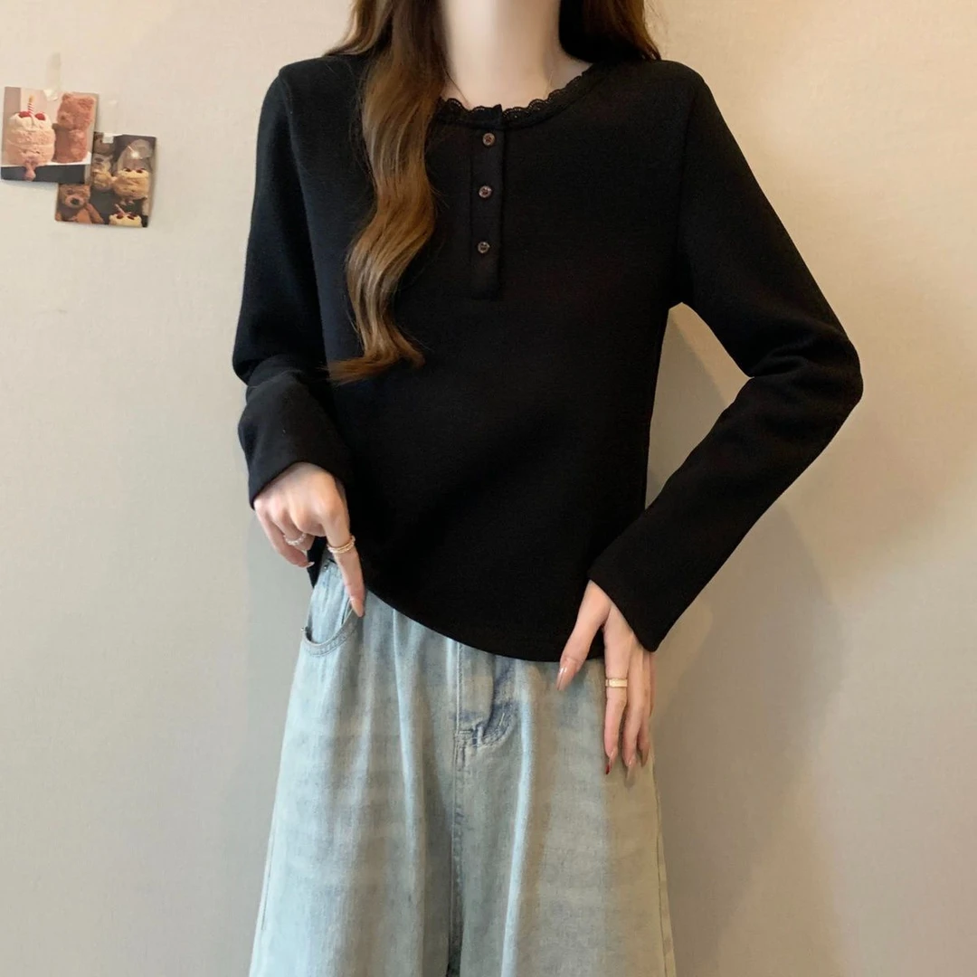 大码德绒设计感小众蕾丝拼接内搭打底衫女秋冬遮肚正肩T恤上衣潮