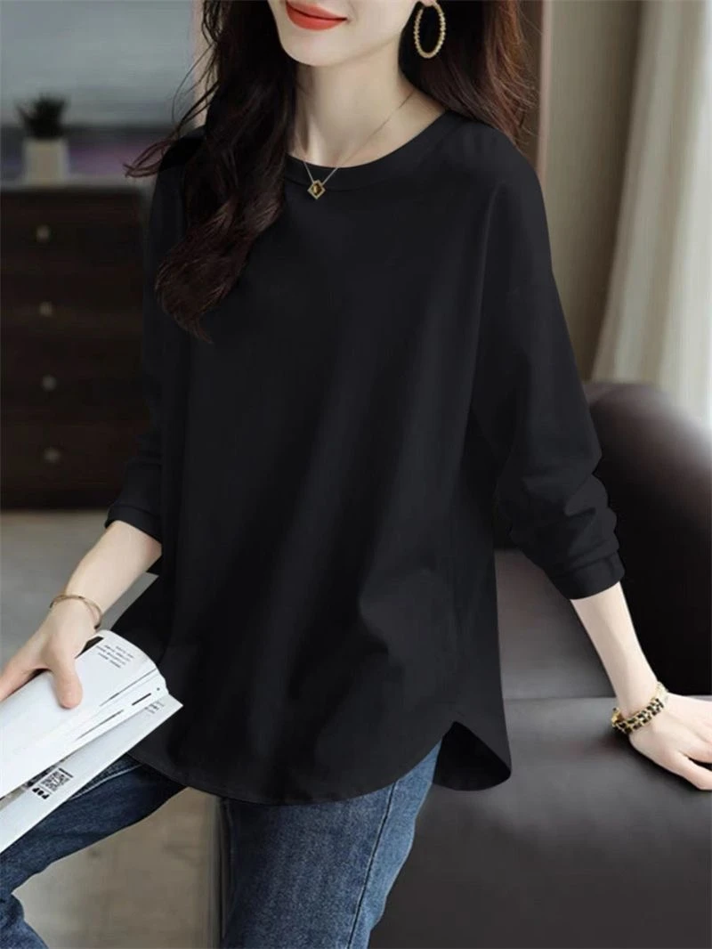 简约纯棉小众弧形长袖t恤女纯黑色中长款春秋新款宽松显瘦打底衫