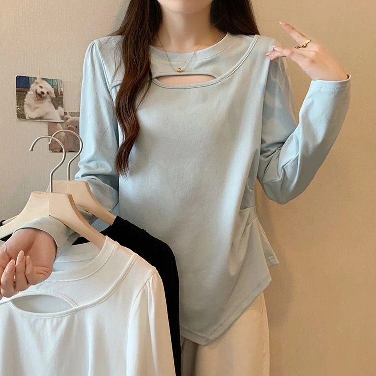 棉设计感镂空正肩长袖T恤女春秋大码褶皱内搭打底衫不规则上衣潮