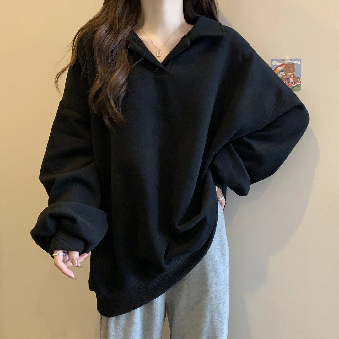 大码慵懒风Polo领遮肚子长袖卫衣女胖妹妹宽松显瘦加绒上衣打底衫