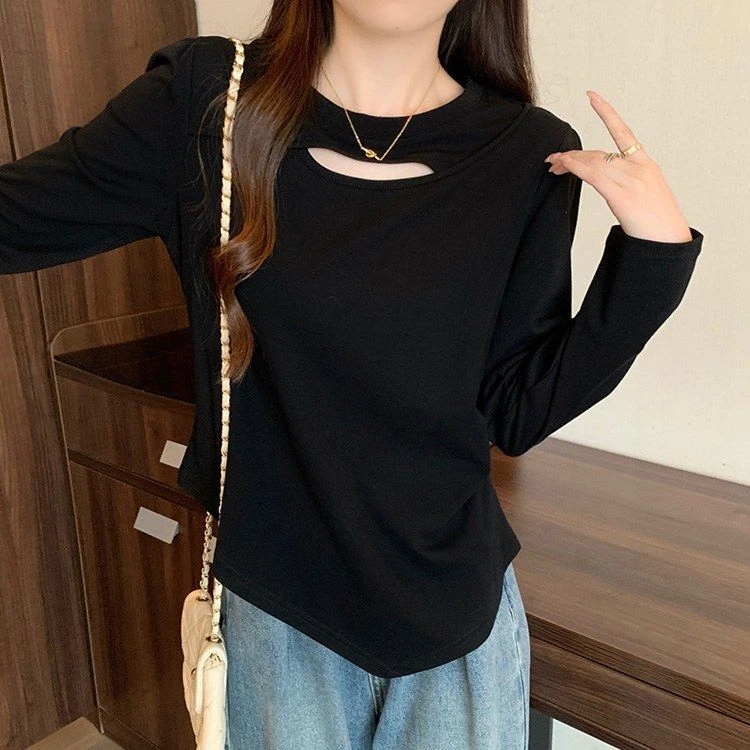 棉正肩长袖T恤女春秋大码褶皱设计感镂空内搭打底衫不规则上衣潮