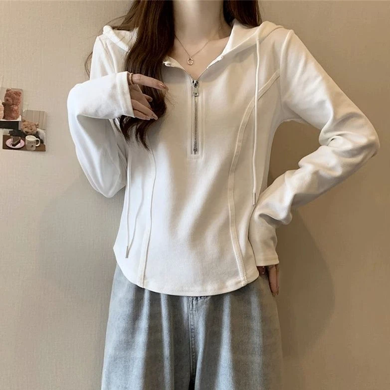 棉春秋连帽内搭长袖t恤女大码胖mm显瘦遮肚休闲拉链上衣打底衫ins