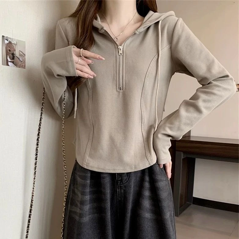 棉春秋连帽大码胖mm内搭长袖t恤女显瘦遮肚休闲拉链上衣打底衫ins