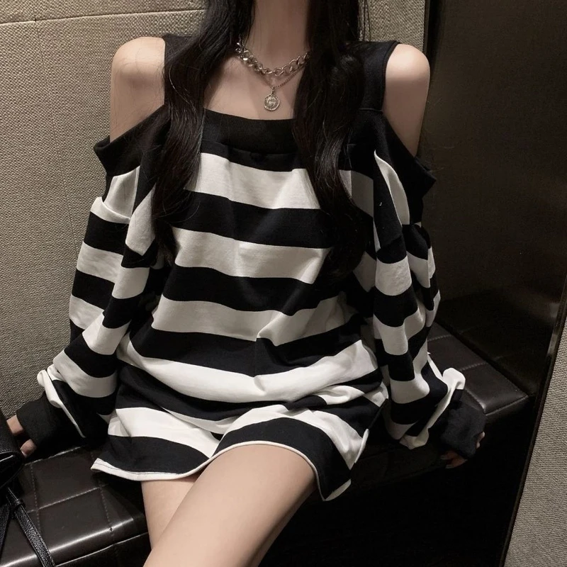 条纹卫衣女慵懒风春秋新款韩版宽松灯笼袖露肩洋气炸街上衣ins潮