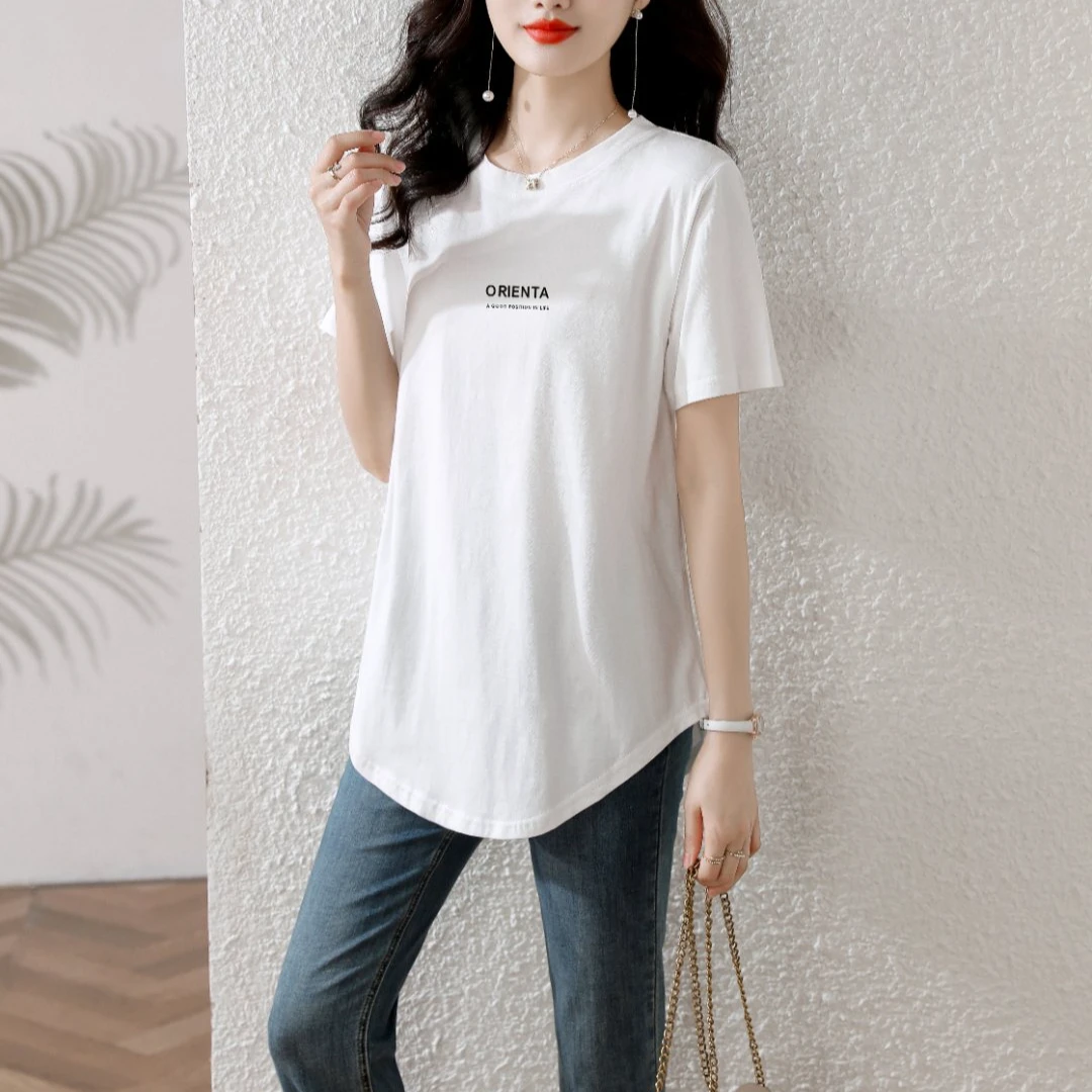 纯棉小众弧形短袖t恤白色中长款女士夏季新款宽松显瘦打底衫ins潮