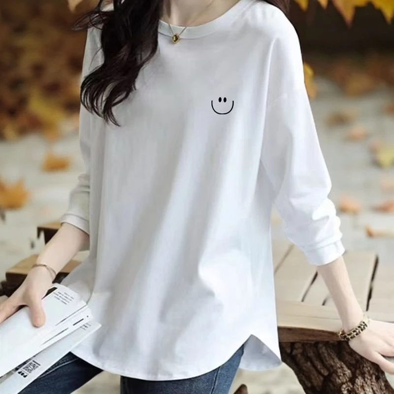 纯棉欧货白色长袖t恤女春秋季宽松中长款内搭小众显瘦圆领打底衫