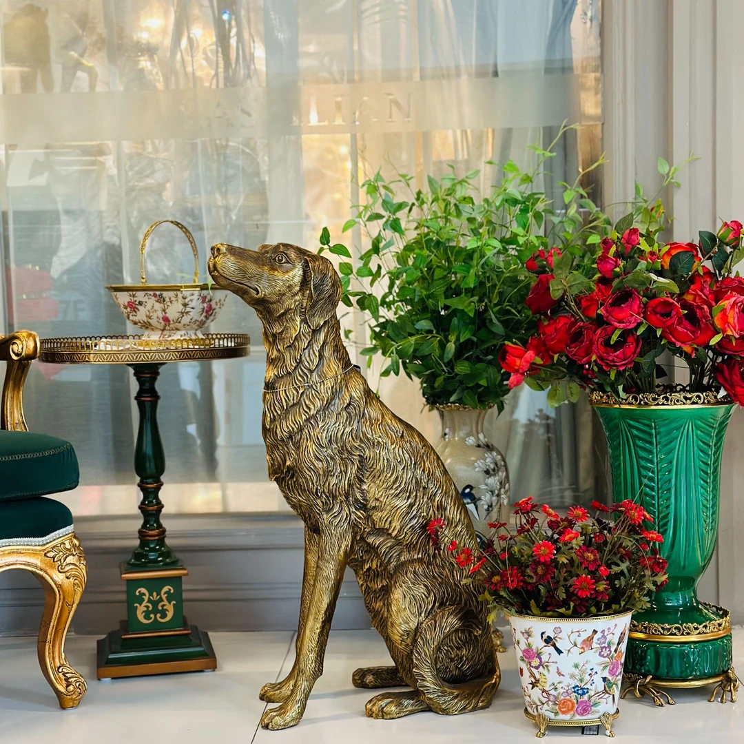 派力斯高端复古居家古法失蜡铜全手工雕刻做旧牧羊犬落地铜狗摆件