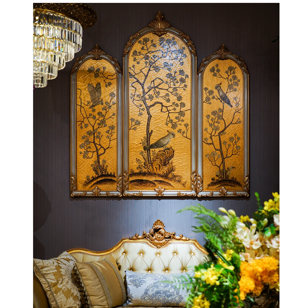 派力斯三联屏风工艺画复古玄关门厅楼梯转角酒店装饰版画