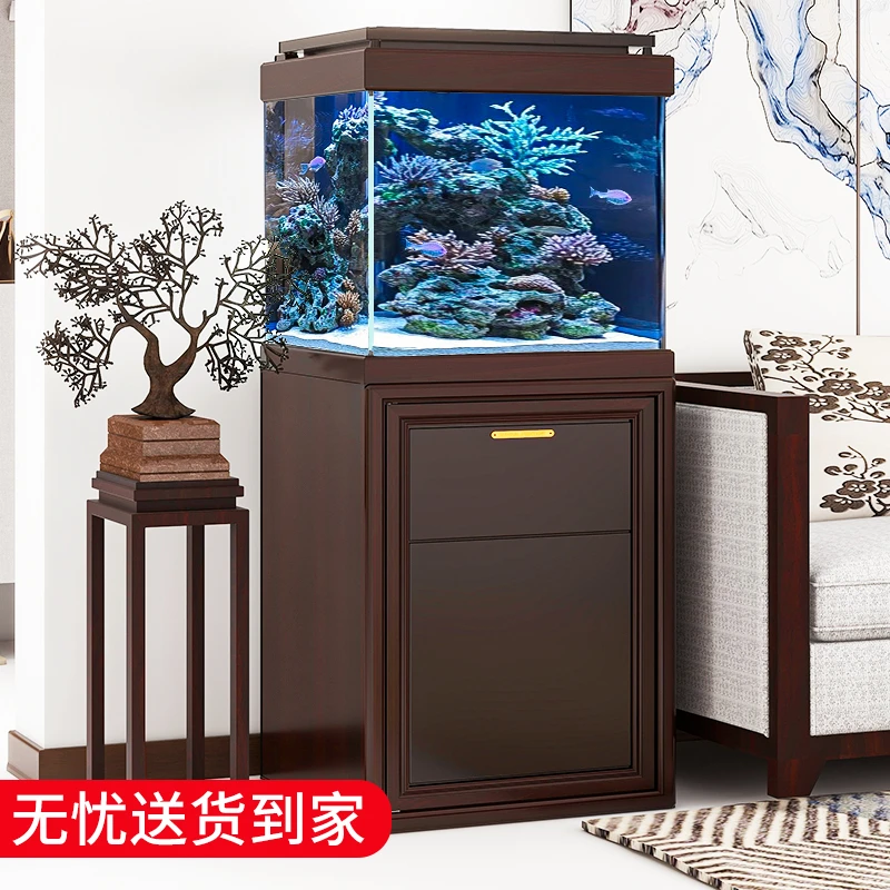 森森鱼缸方缸胡桃檀木60方缸60X60水切割新款底滤超白玻璃空气缸