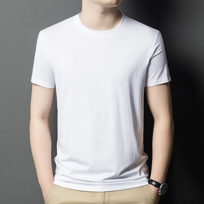 夏季男士舒适透气速干凉感莫代尔棉圆领半袖T恤宽松薄款纯色冰感