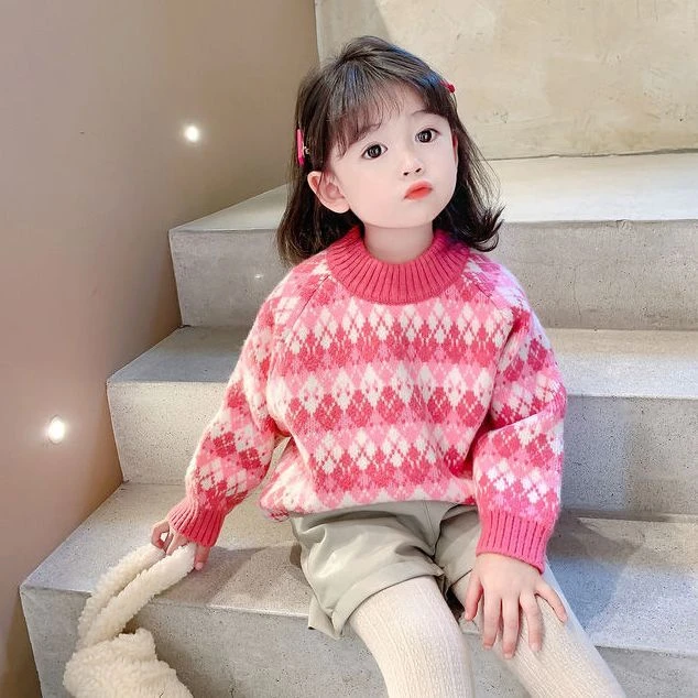 女童针织毛衣加绒秋冬2025新款韩版儿童洋气加厚女宝宝套头打底衫