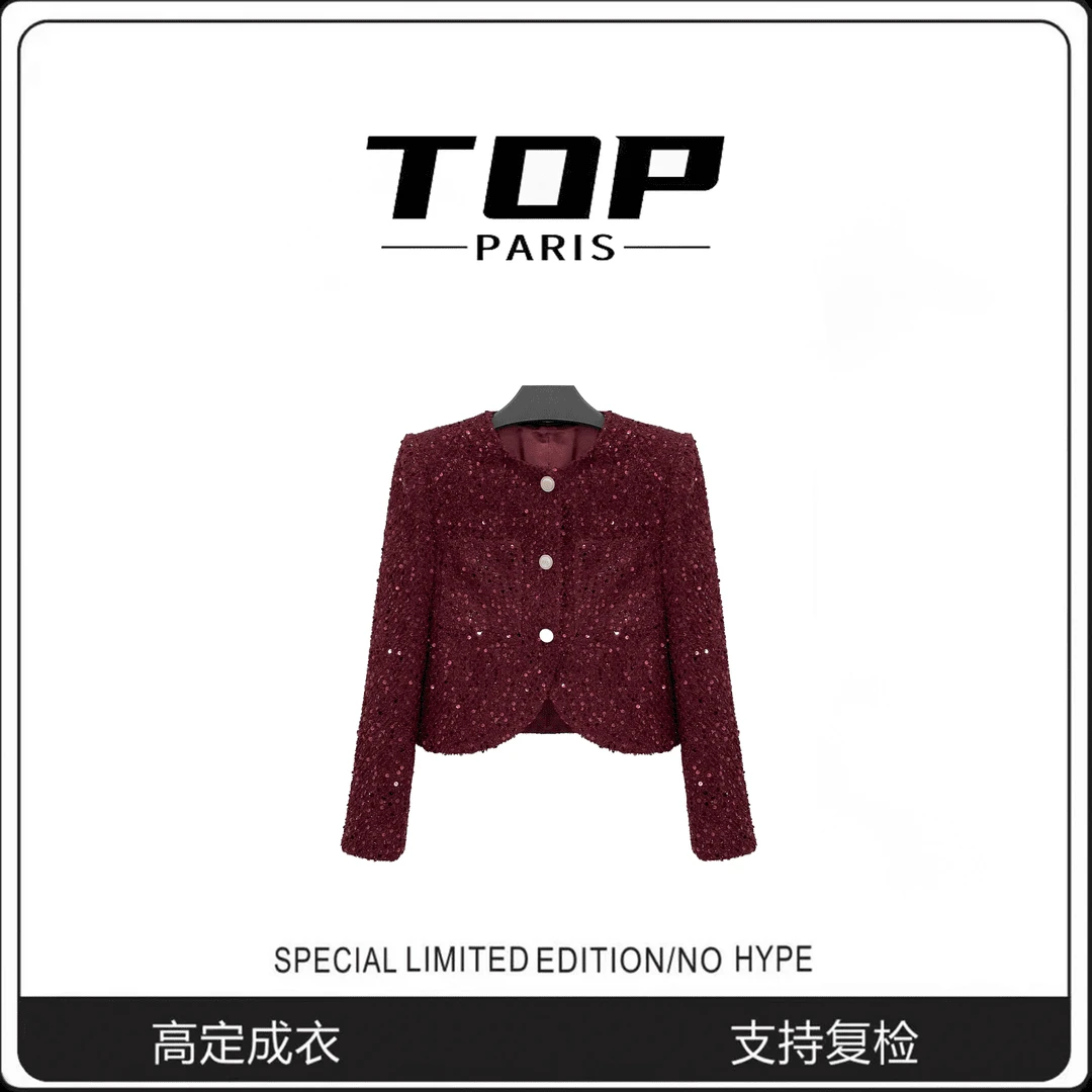 TOP-【芳华】巨显白法式南油秋款法式红色亮片小香风外套1350