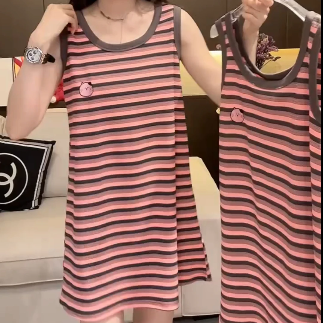 夏季新款吊带小猫条纹家居睡裙