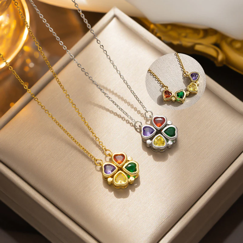 琢铂达 钛钢项链 可打开爱心炫彩锆石四叶草吊坠彩色项链女生饰品