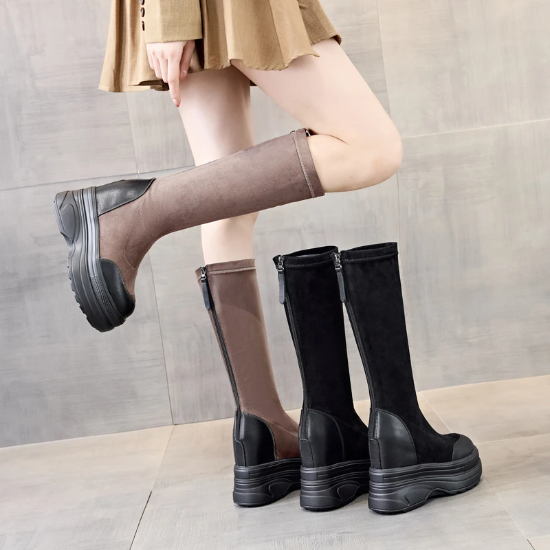 【萝莉公主12cm内增高】2024新款真皮长靴女小个子不过膝高筒骑士靴