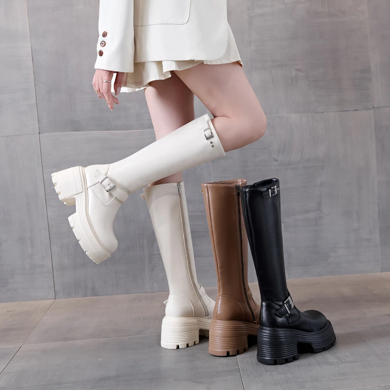【萝莉公主9cm增高跟】2025新款真皮长靴女小个子不过膝高筒骑士靴