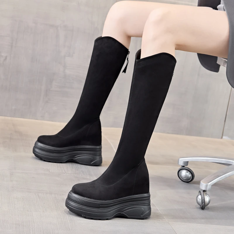 【萝莉公主12cm内增高】2025新款真皮长靴女小个子不过膝高筒骑士靴