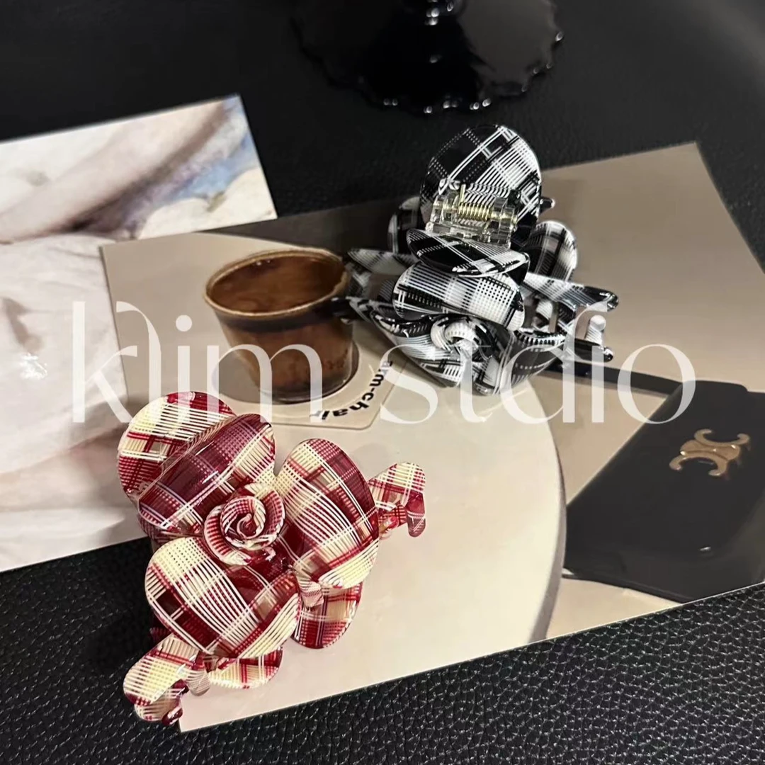 CZ438醋酸9cm气质百搭格纹发夹女蝴蝶结复古后脑勺马尾发夹