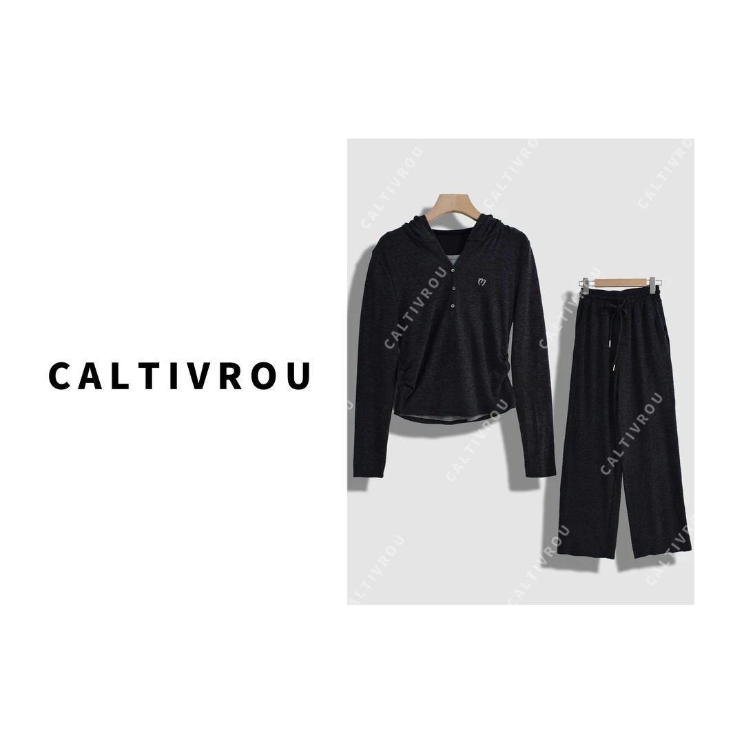Caltivrou秋日刚需~褶皱拼色假两件上衣+直筒休闲裤套装-Y12157-X