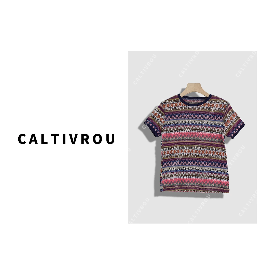 Caltivrou怦然心动~圆领法式彩色条纹撞色短袖T恤- A500-Y10741-X