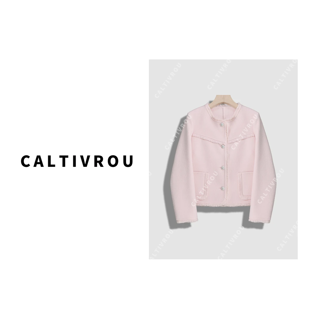 Caltivrou南洋贵千金~短款毛边圆领排扣毛呢外套-Y13509-X