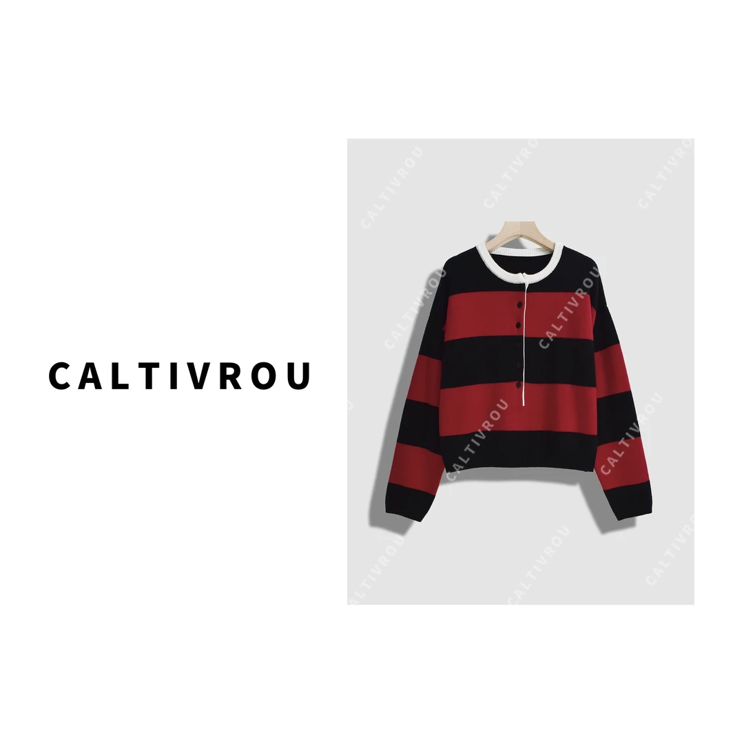 Caltivrou法兰西~圆领绵羊毛针织衫上衣女秋修身条纹毛衣Y12561-X