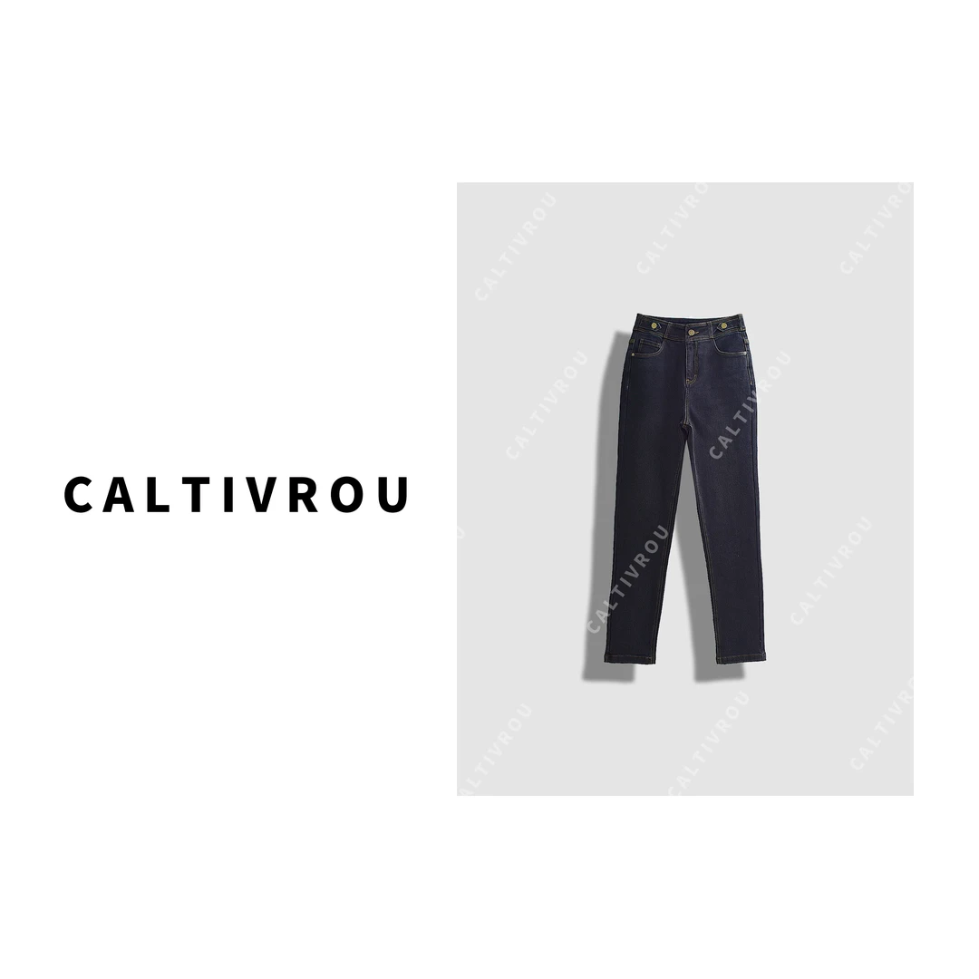 Caltivrou腿精裤！复古水洗高腰加绒小脚牛仔裤-A003-K7852