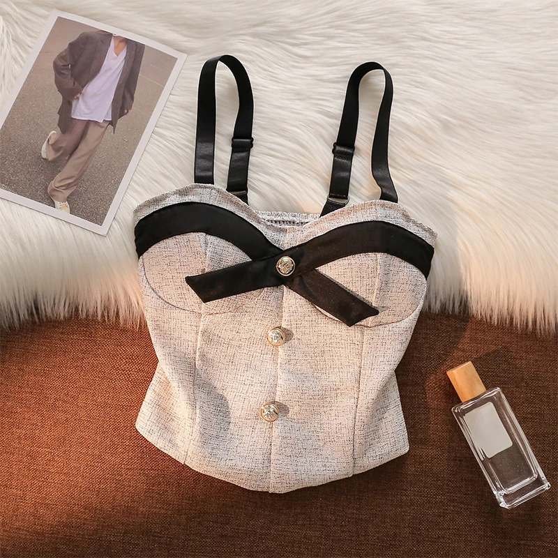 法式富家千金性感吊带背心小香风蝴蝶结高级感设计小众格子上衣夏