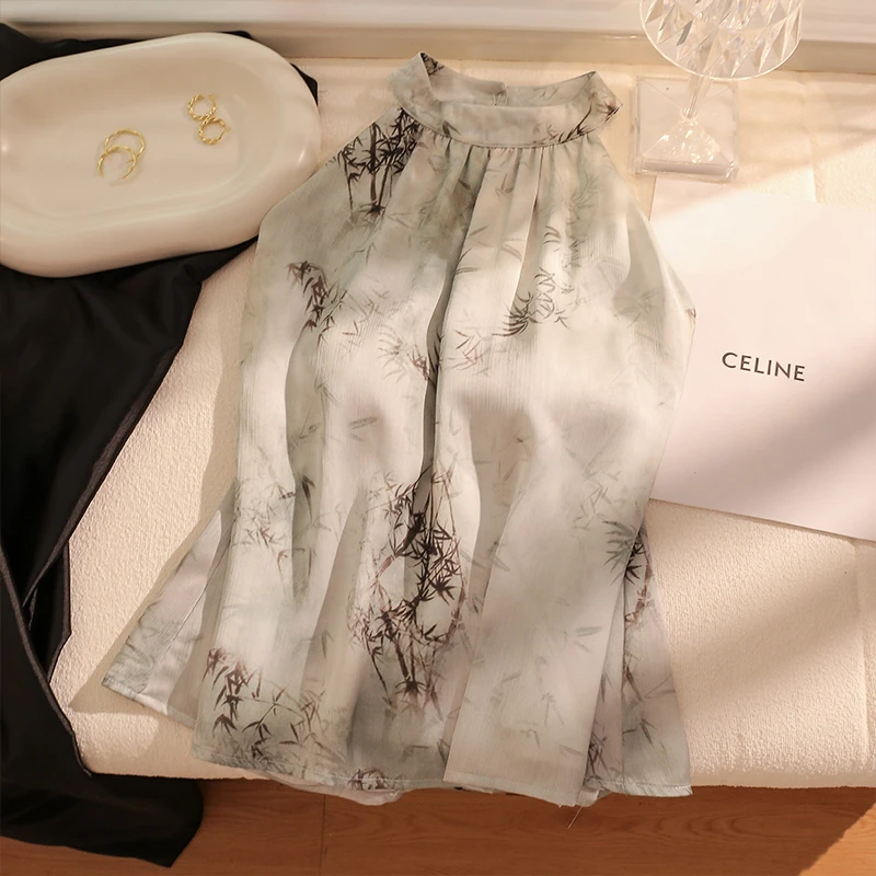 国风新中式雪纺挂脖吊带背心女遮副乳气质复古感无袖上衣外穿夏季