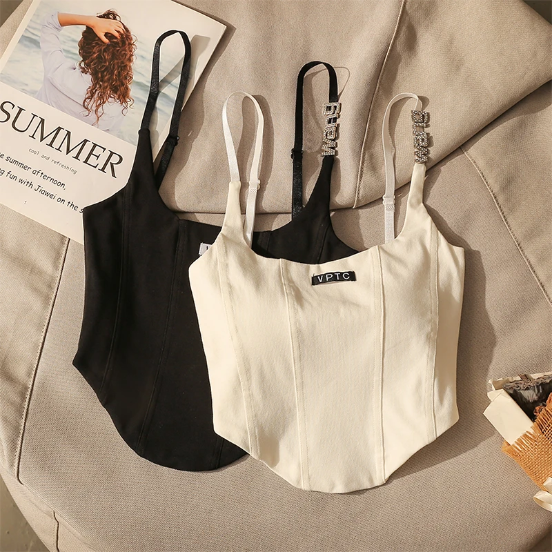 2023年美式复古收腰字母标撞色包边吊带小背心超短露腰辣妹上衣