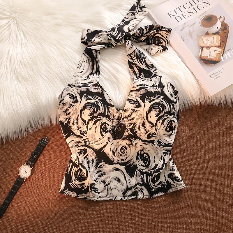 港风挂脖吊带背心女夏季行美背修身带胸垫设计感小众短款露脐上衣