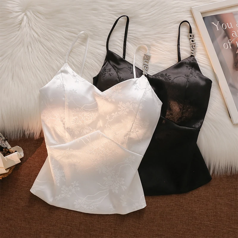 高档醋酸缎面提花吊带背心外穿带胸垫美背甜辣妹内搭打底抹胸上衣