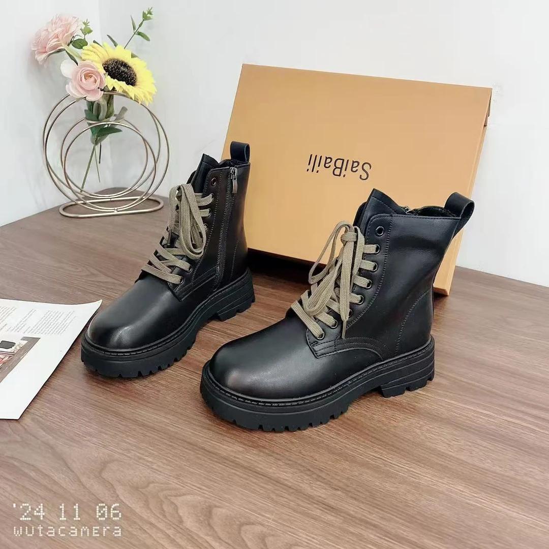 新款时尚百搭圆头系带休闲厚底系带马丁靴加绒1-2166