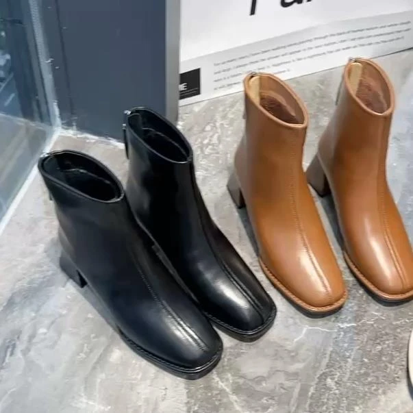 9529-11 冬季新款英伦风方头粗跟短靴百搭中跟弹力时尚短靴加绒