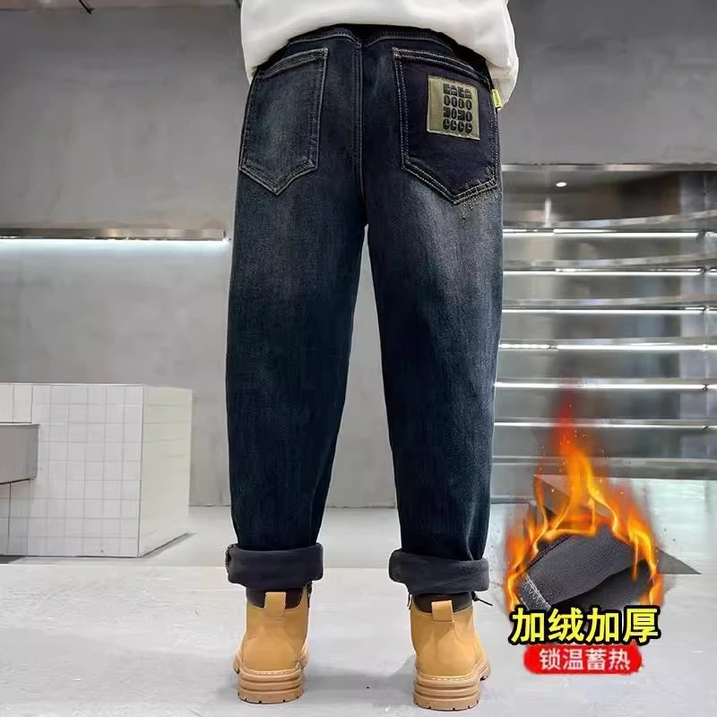 秋冬男童加绒裤子一体绒牛仔裤中大童冬季儿童棉裤潮童装宽松休闲